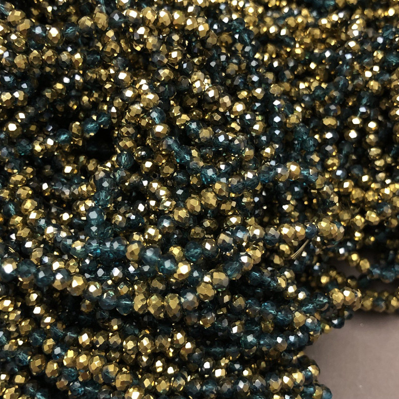 Czech Crystal Beads on a Strand, Assorted Emerald Transparent with Coating, Faceted Rondelle, Diameter 3.5x3mm +/-, Length 36-38cm