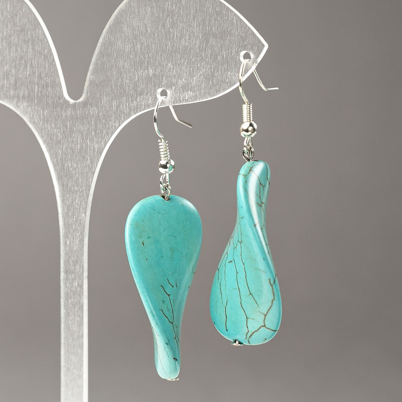 Earrings Blue Turquoise (pressed), oval flat twisted 35x23mm, length 55mm+
