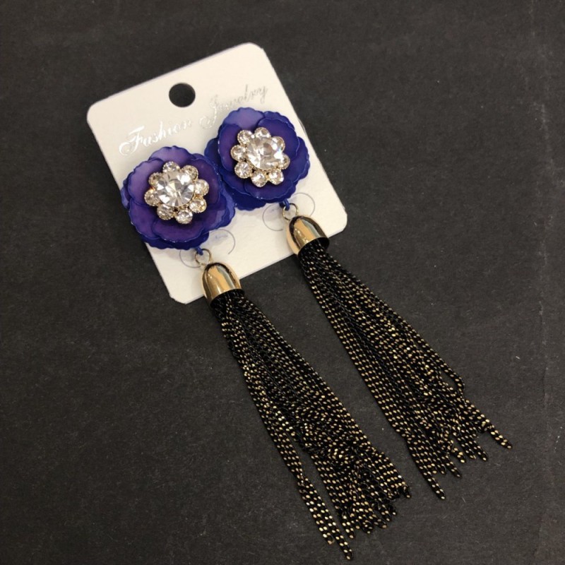 Tassel Earrings, Purple Flower with Chains, length 90mm