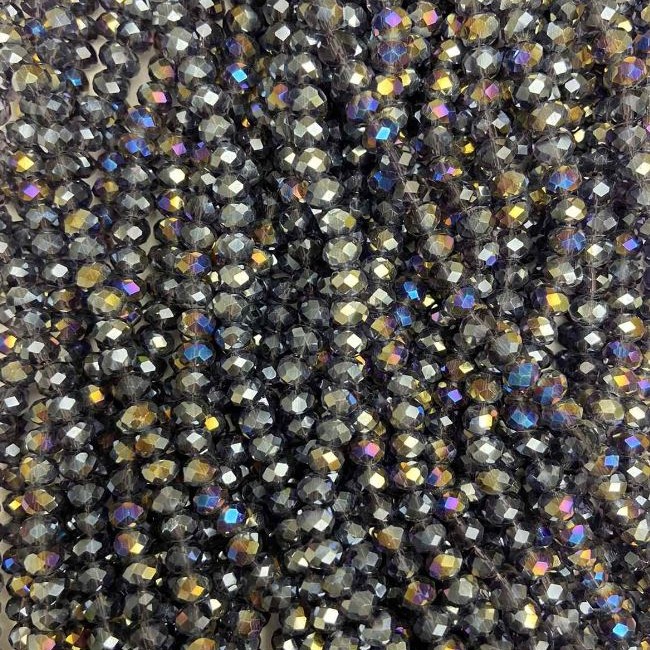 Czech Crystal Beads on Fishing Line, Grey with Petrol Coating Faceted Rondelle, Diameter 6x4.5mm +/-, Length 38-40cm +