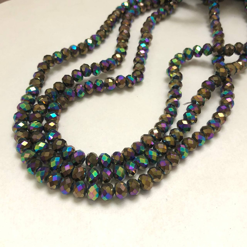 Czech Crystal Beads on Fishing Line with Petrol Coating, Faceted Rondelle, Diameter 6x4.5mm +/-, Length 38-40cm +