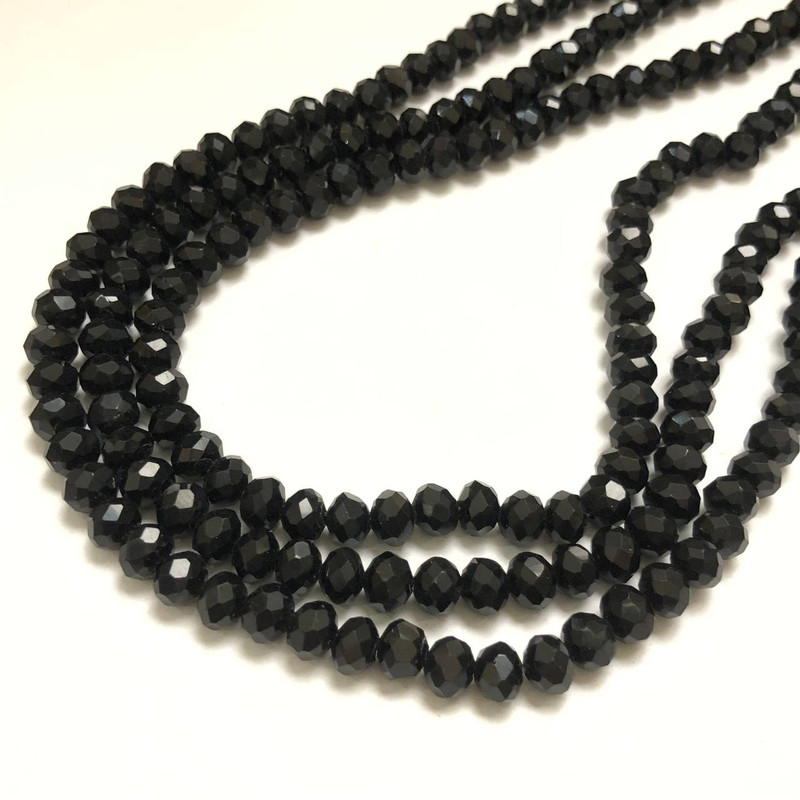 Czech Crystal Beads on Fishing Line, Black Matte Faceted Rondelle, Diameter 6x4.5mm +/-, Length 38-40cm +