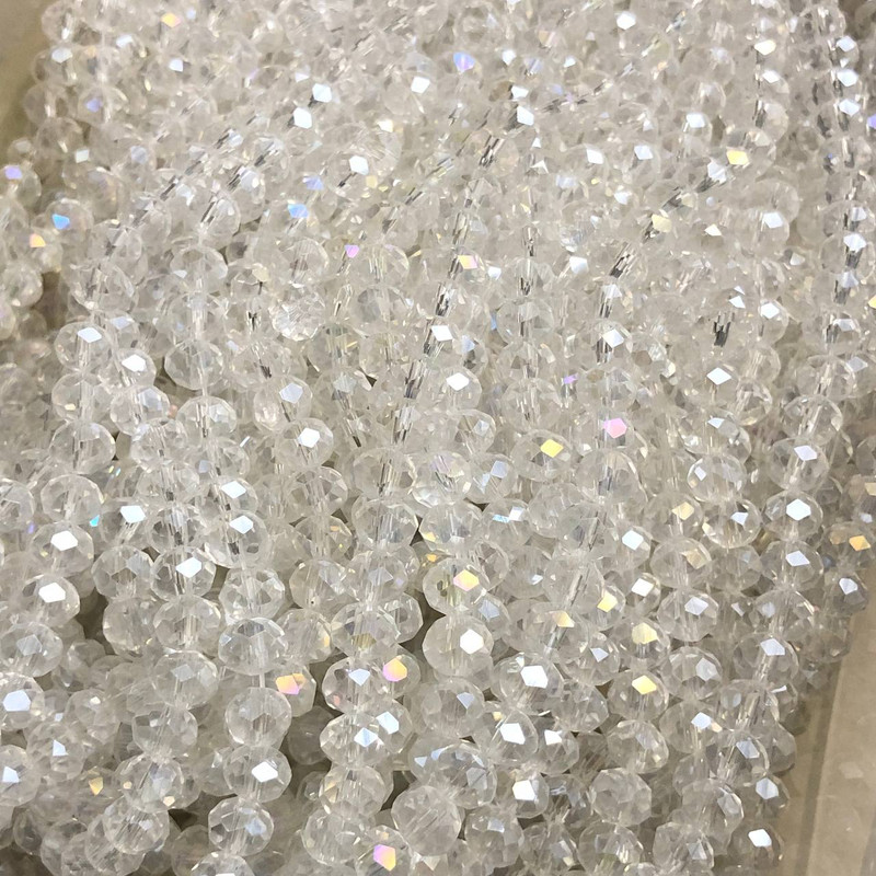 Czech Crystal Beads on Fishing Line, White Transparent with Petrol Sheen, Faceted Rondelle, Diameter 6x4.5mm +/-, Length 38-40cm +