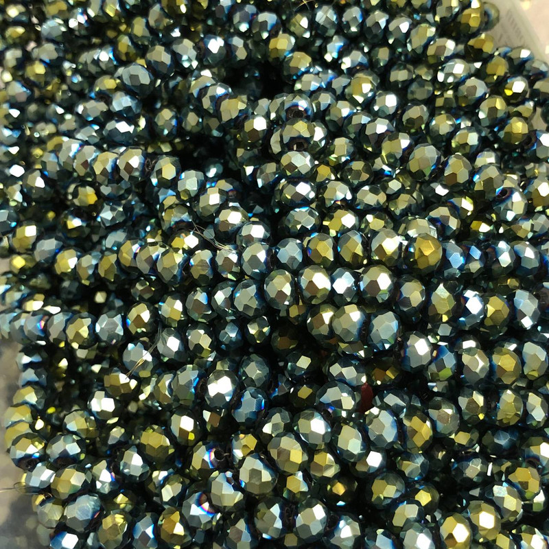 Czech Crystal Beads on Fishing Line, Grey-Green Coating with Petrol Sheen, Faceted Rondelle, Diameter 6x4.5mm +/-, Length 38-40cm +