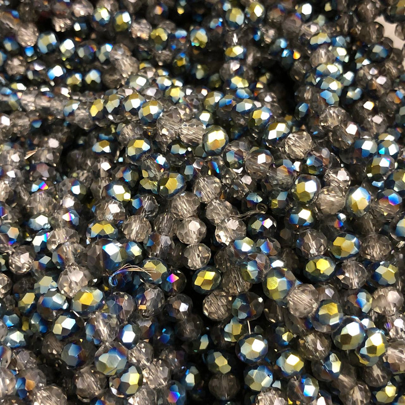 Czech Crystal Beads on Fishing Line, Grey Assorted Transparent with Coating, Faceted Rondelle, Diameter 6x4.5mm +/-, Length 38-40cm +
