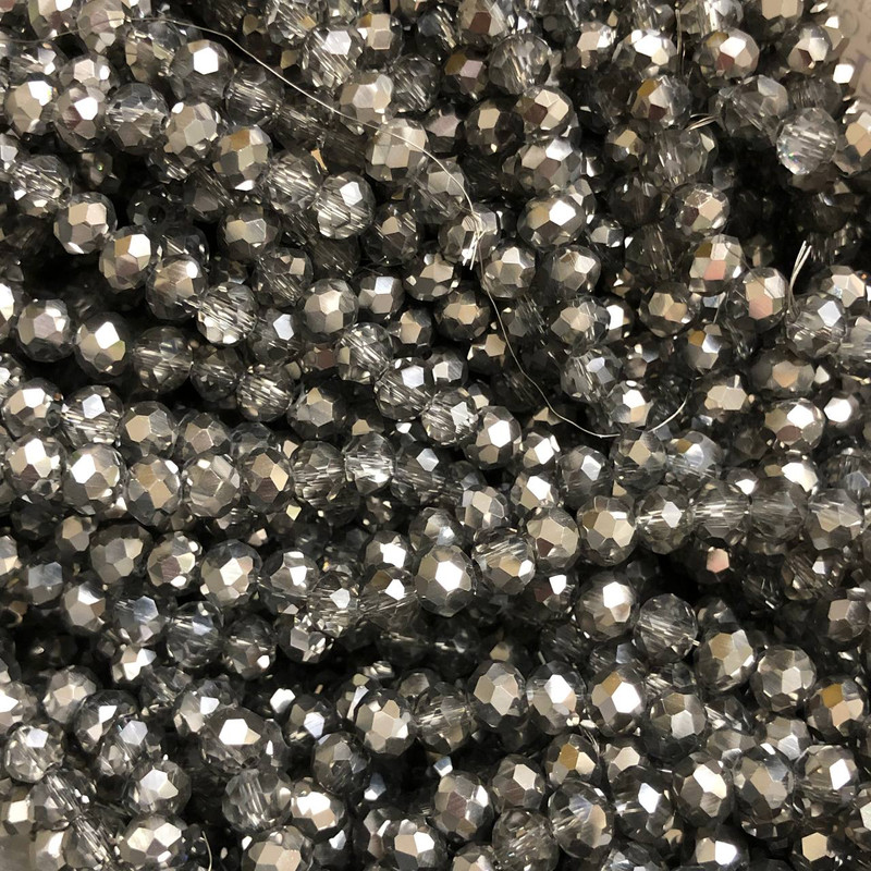 Czech Crystal Beads on Fishing Line, Grey Assorted with Coating, Faceted Rondelle, Diameter 6x4.5mm +/-, Length 38-40cm +