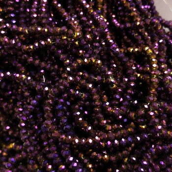 Czech Crystal Beads on Fishing Line, Plum Coating with Petrol Sheen, Faceted Rondelle, Diameter 3.5x3mm +/-, Length 33cm +