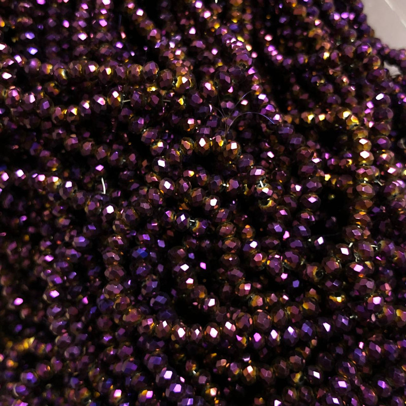 Czech Crystal Beads on Fishing Line, Plum Coating with Petrol Sheen, Faceted Rondelle, Diameter 3.5x3mm +/-, Length 33cm +