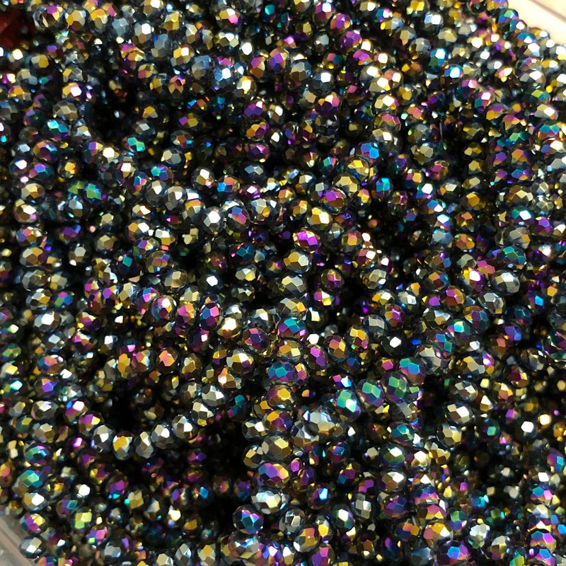 Czech Crystal Beads on fishing line petrol-effect coating faceted rondelle, diameter 3.5x3mm +/-, length 33cm+