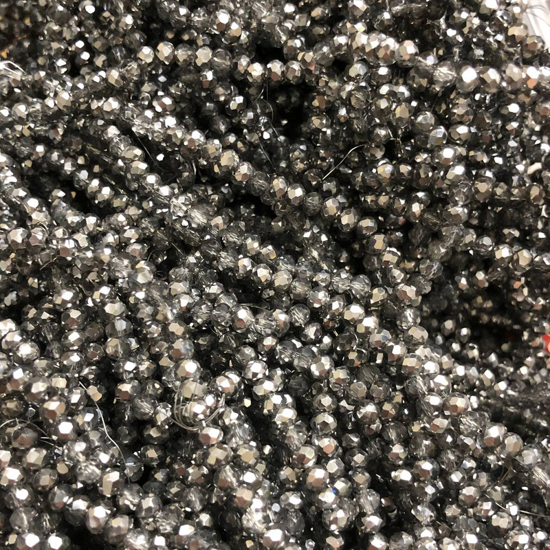 Czech Crystal Beads on fishing line assorted grey with coating faceted rondelle, diameter 3.5x3mm +/-, length 36-38cm+