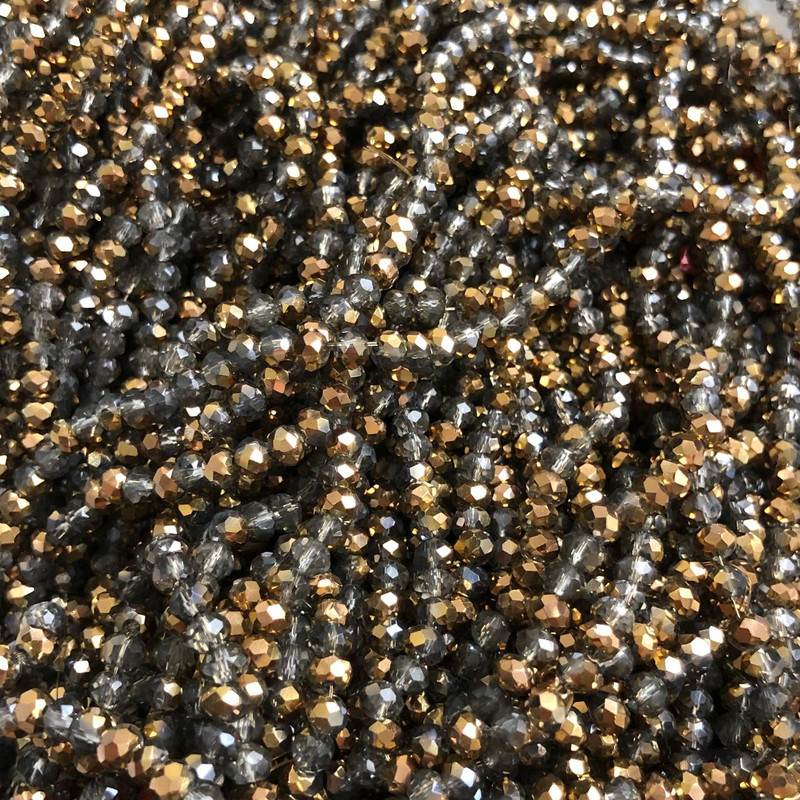 Czech Crystal Beads on fishing line assorted grey transparent + gold coating faceted rondelle, diameter 3.5x3mm +/-, length 36-38cm+