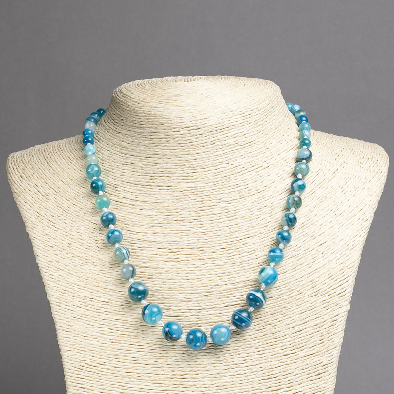Necklace Natural Eye Agate Sky Blue, Graduated Smooth Round Beads, Diameter 6-10(+-)mm, Length 45cm+