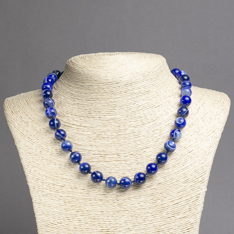 Necklace Natural Eye Agate Blue, Smooth Round Beads, Diameter 10mm+-, Length 45cm+