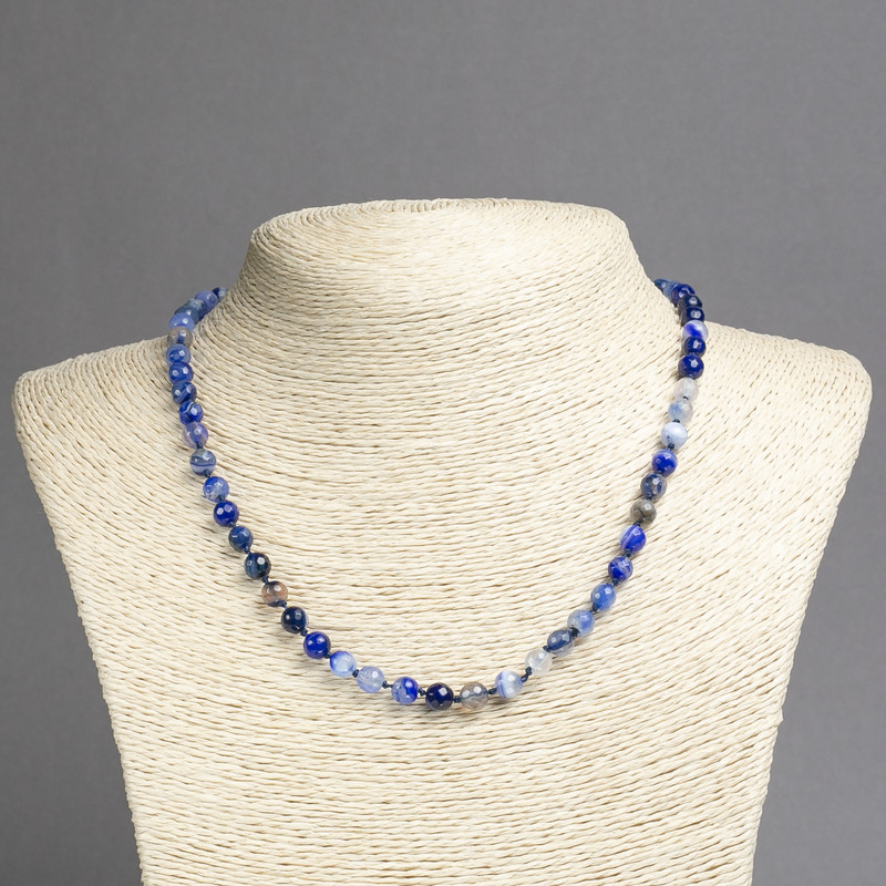 Necklace Natural Eye Agate Blue, Faceted Round Beads, Diameter 6mm+-, Length 45cm+