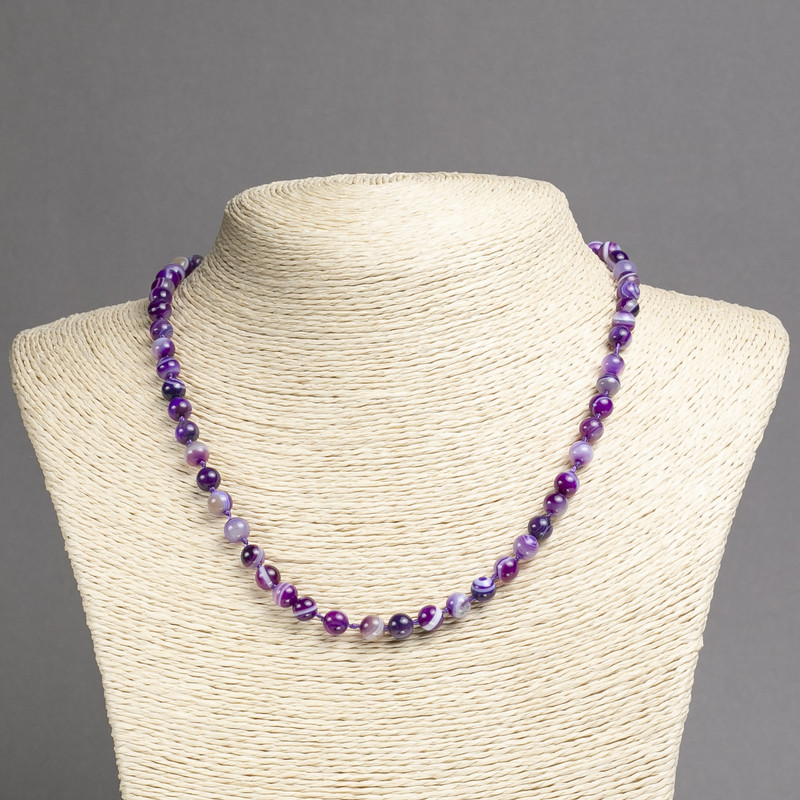 Necklace Natural Stone Eye Agate Purple, Smooth Round Beads, Diameter 6mm+-, Length 45cm+