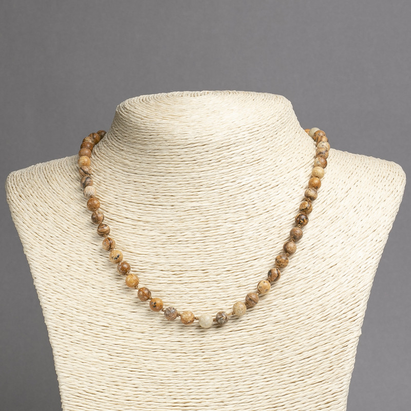 Necklace Natural Stone Picture Jasper, Smooth Round Beads, Diameter 6mm+-, Length 45cm+