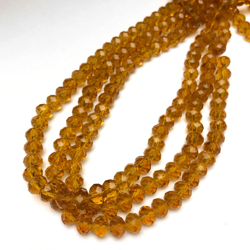 Czech Crystal Beads on Fishing Line, Dark Yellow Honey Transparent Faceted Rondelle, Diameter 8x6mm +/-, Length 40-42cm +