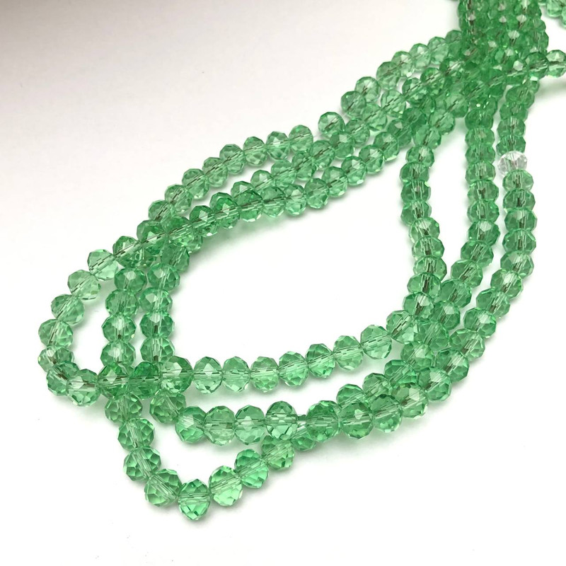 Czech Crystal Beads on Fishing Line, Light Green Transparent Faceted Rondelle, Diameter 8x6mm +/-, Length 40-42cm +