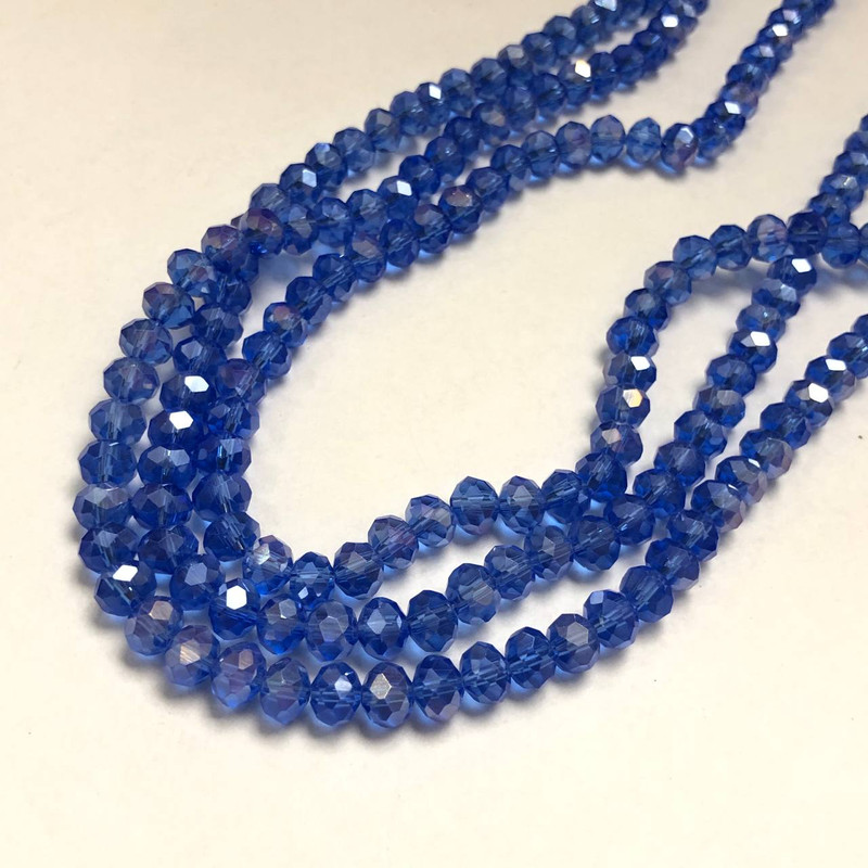 Czech Crystal Beads on Fishing Line, Blue Transparent with Petrol Sheen Faceted Rondelle, Diameter 8x6mm +/-, Length 40-42cm +