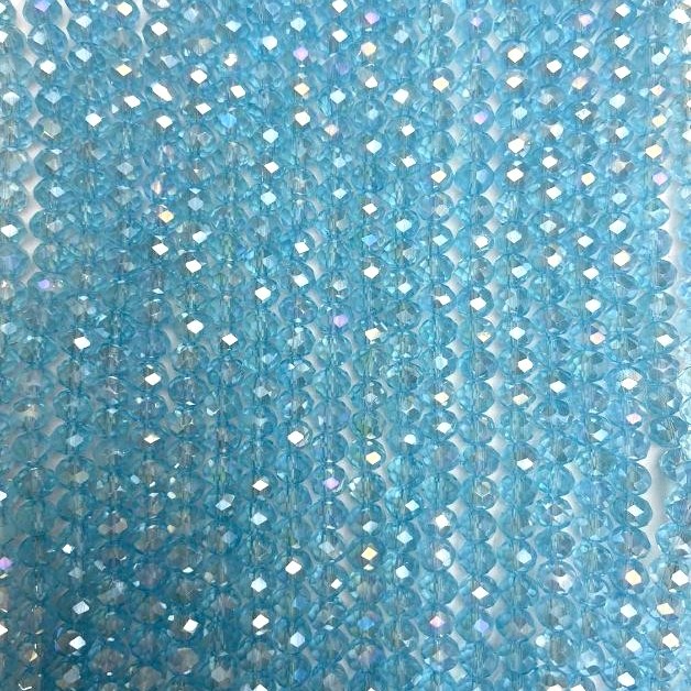 Czech Crystal Beads on Fishing Line, Sky Blue Transparent with Petrol Coating Faceted Rondelle, Diameter 6x5mm +/-, Length 40-42cm +