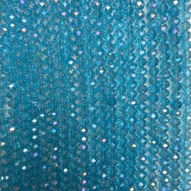 Czech Crystal Beads on String Clear Blue with Petrol Coating Faceted Rondelle, diameter 8x6mm +/-, length 40cm +