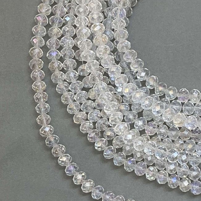 Czech Crystal Beads on Nylon Thread, White Transparent with Petrol Sheen, Faceted Rondelle, diameter 8x6mm +/-, length 40-42cm +