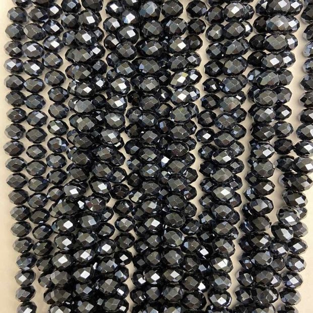Czech Crystal Beads on a strand, dark grey with coating, faceted rondelle, diameter 8x6mm +/-, length 40cm +