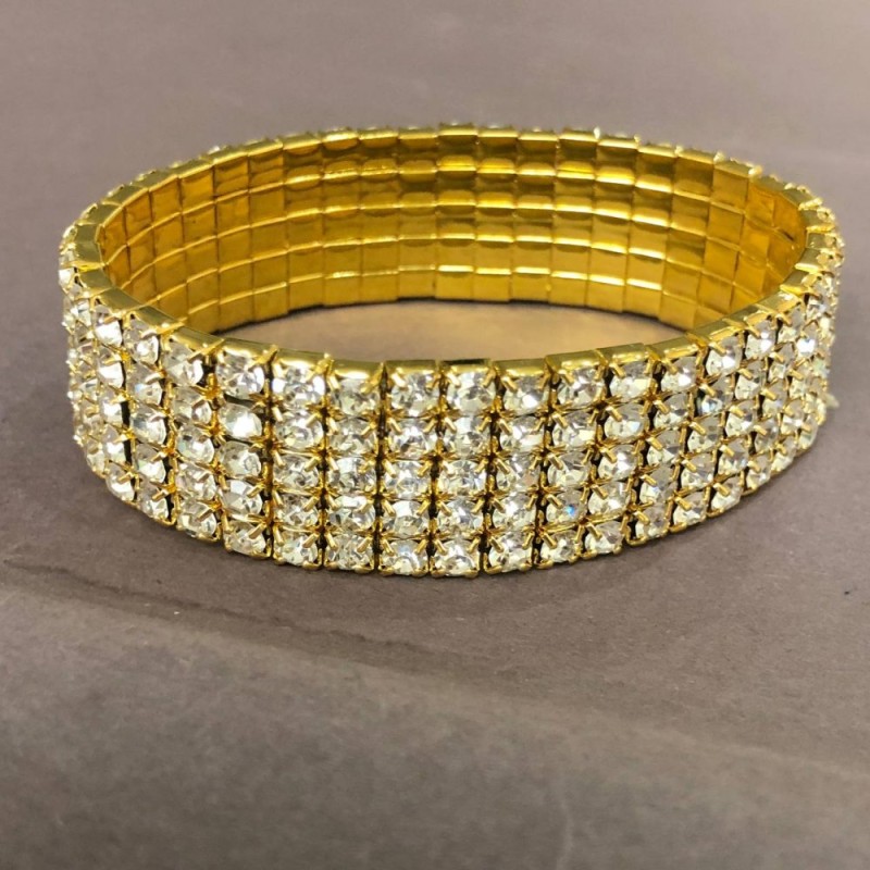 Five-Row Stretch Bracelet with White Rhinestones, Gold-Tone Metal, Circumference 16-17 cm