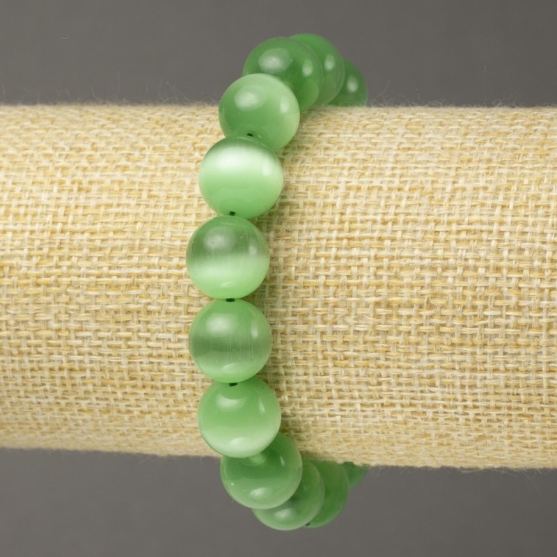 Green Cat's Eye Smooth Round Bead Bracelet on Elastic, diameter 12mm+