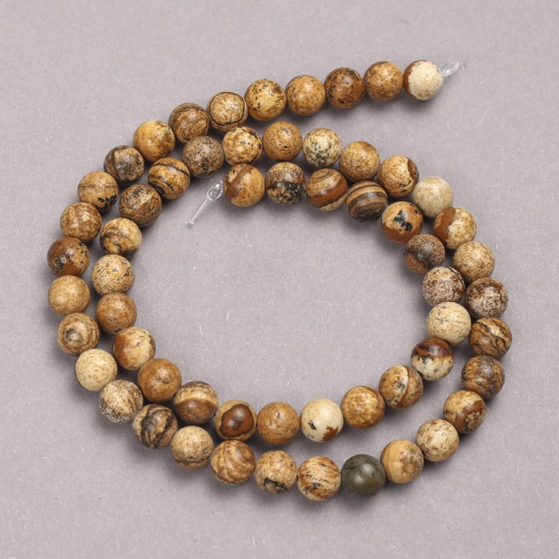 Picture Jasper Smooth Round Bead Natural Stone Beads on Fishing Line, diameter 6mm +/-, length 39cm+