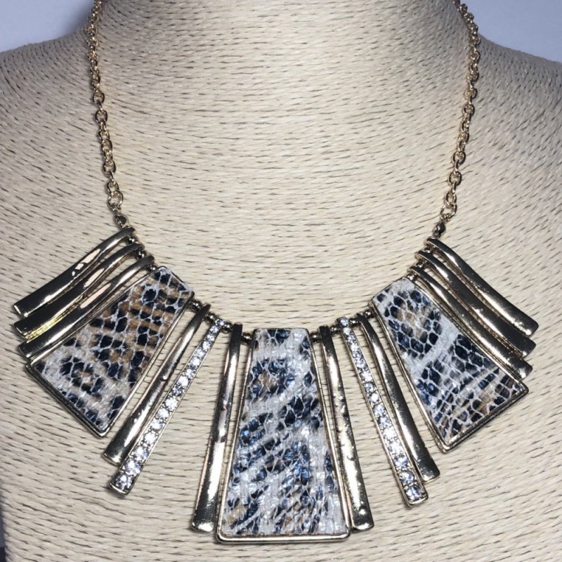 Necklace Eco Leather Gold-Tone Metal and Rhinestones, Length 42-50cm +