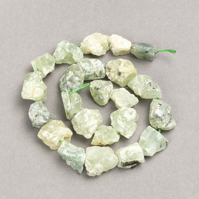 Beads on Thread Raw Stone Prehnite Tumbled, diameter 16x12(+-)mm, length 41cm