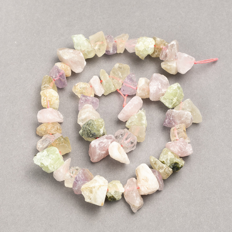 Beads on a strand, raw stone, Assorted Rose Quartz + Citrine + Prehnite, tumbled nuggets, diameter 13x8(+/-)mm, length 41cm