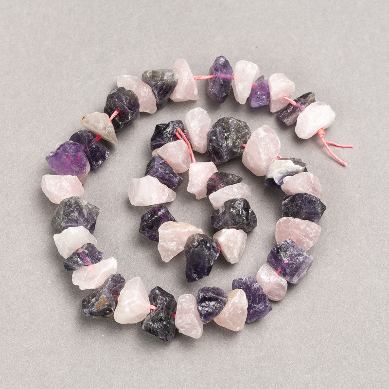 Beads on Thread Raw Stone Assorted Amethyst+Rose Quartz Tumbled, diameter 13x8(+-)mm, length 41cm