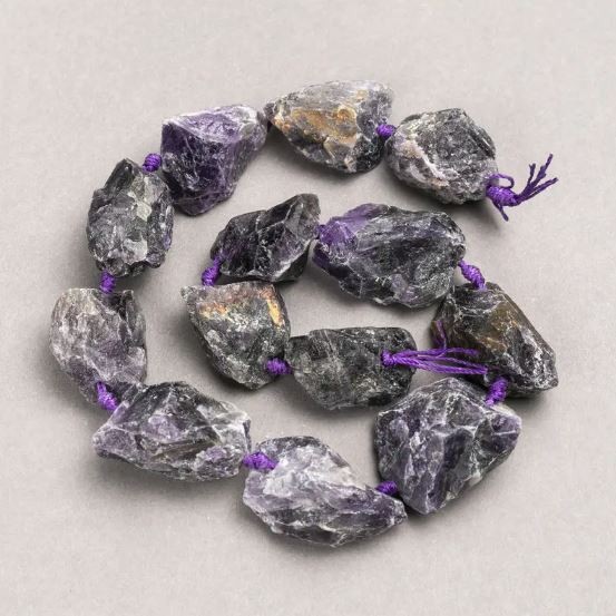 Raw Stone Beads Amethyst on a String, Tumbled, Diameter 20x25(+-)mm, Length 42cm