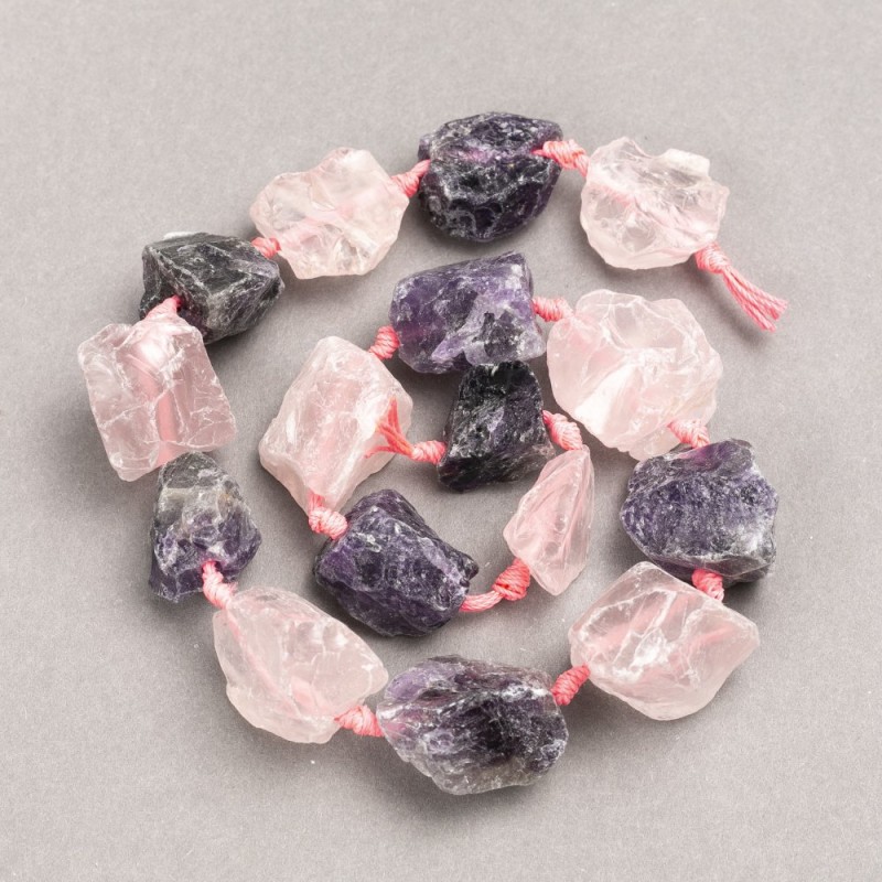 Raw Assorted Amethyst + Rose Quartz Nugget Beads on Strand, Tumbled, Diameter 20x25(+-)mm, Length 42cm