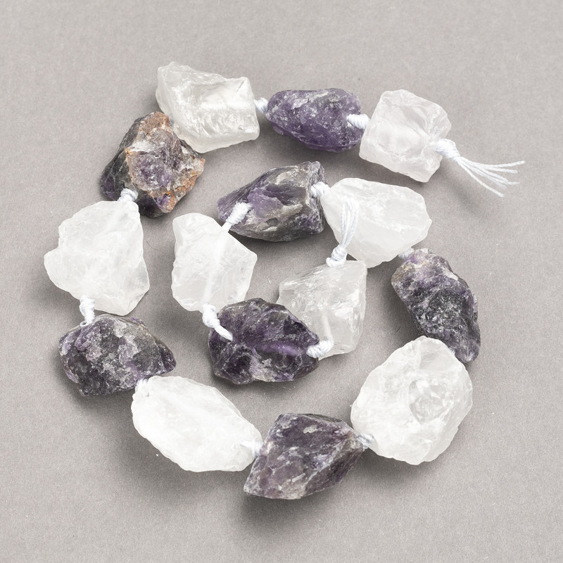 Raw Assorted Amethyst + Rock Crystal Nugget Beads on Strand, Tumbled, Diameter 20x25(+-)mm, Length 42cm