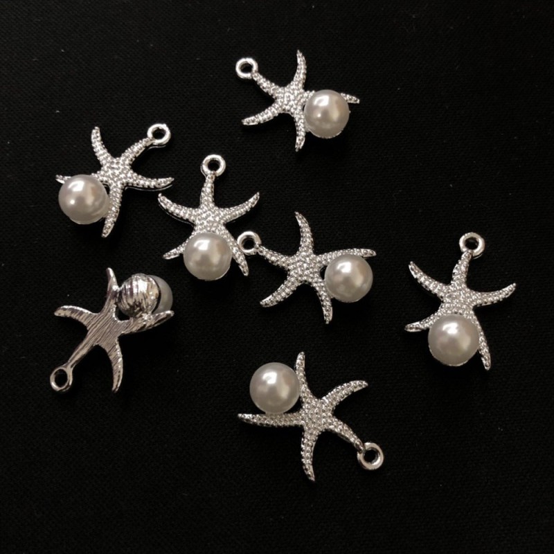 Findings Pendant "Starfish" Silver-Tone Metal, Diameter 16mm, Thickness 2mm, Hole 5mm, Pack of 7pcs