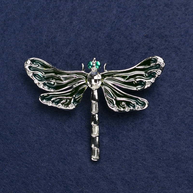 Dragonfly Brooch, Silver-Tone Metal, Enamel and Rhinestones, 44x60mm +
