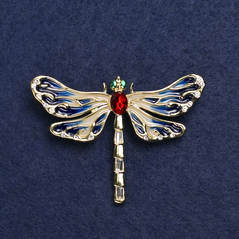 Dragonfly Brooch, Gold-Tone Metal, Enamel and Rhinestones, 44x60mm +