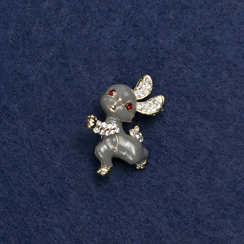 Bunny Brooch, Gold-Tone Metal, Enamel and Rhinestones, 24x21mm +