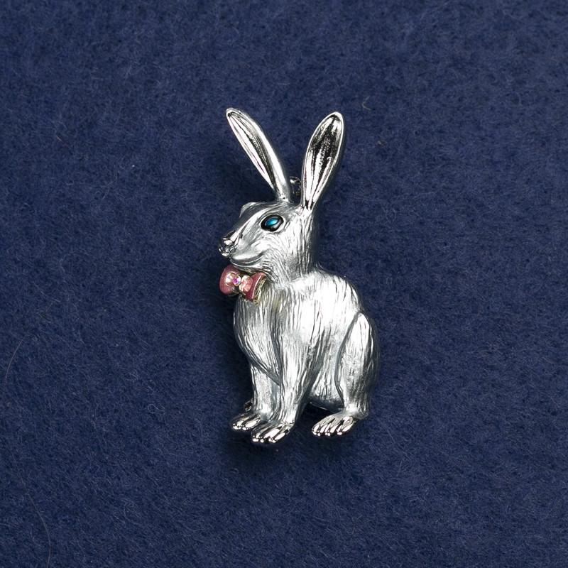 Bunny with Bow Brooch, Silver-Tone Metal, Enamel and Rhinestones, 45x20mm +