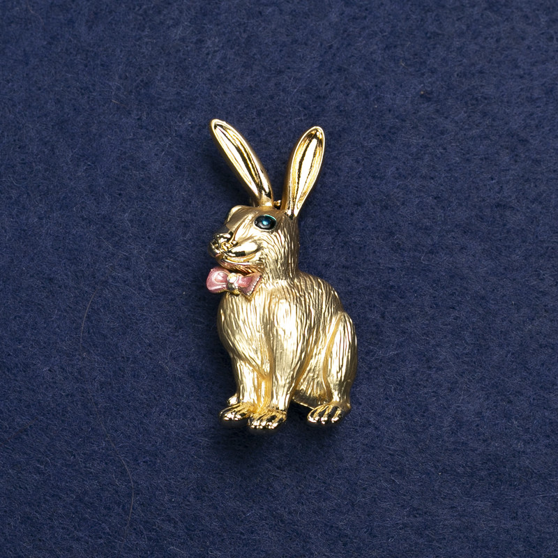 Bunny with Bow Brooch, Gold-Tone Metal, Enamel and Rhinestones, 45x20mm +