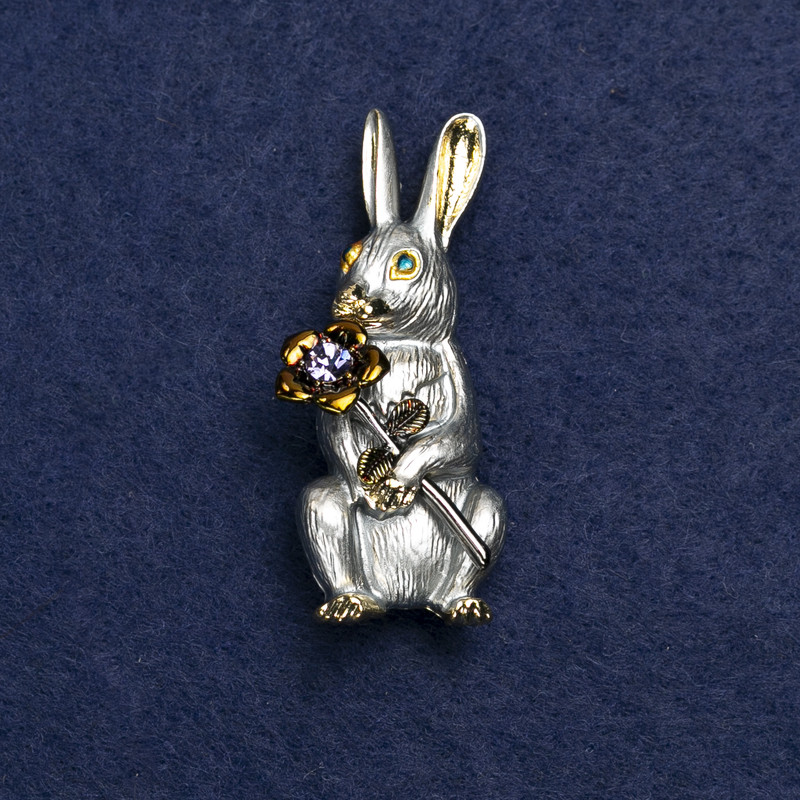 Bunny with Flower Brooch, Gold-Tone Metal, Enamel and Rhinestones, 50x22mm +