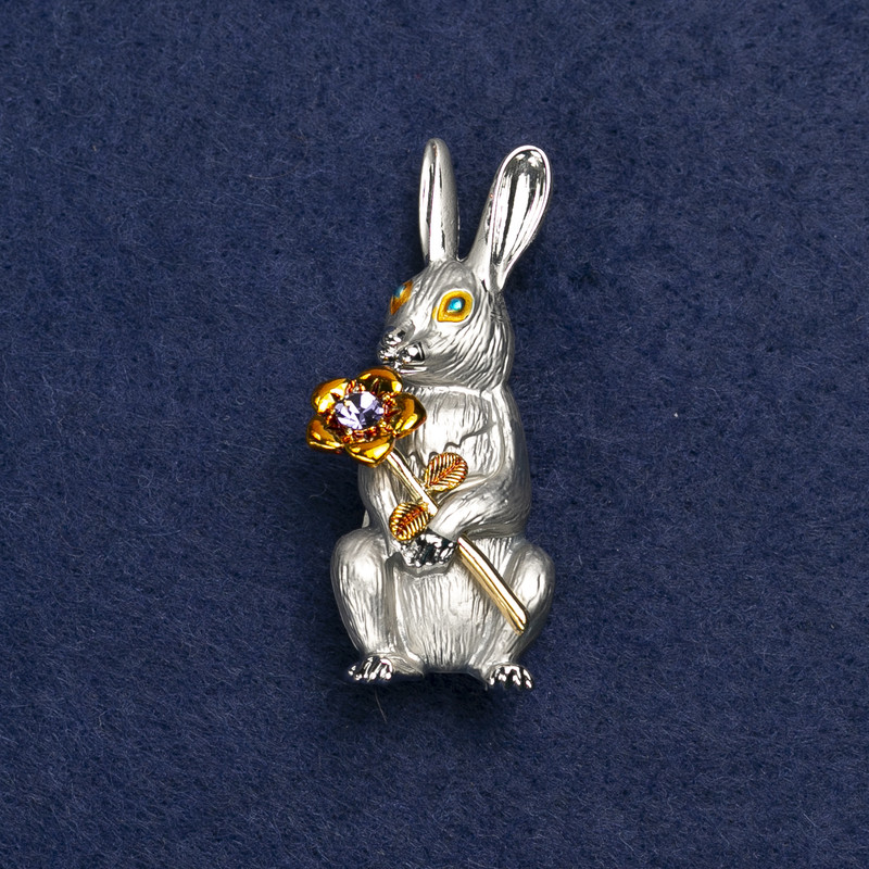 Bunny with Flower Brooch, Silver-Tone Metal, Enamel and Rhinestones, 50x22mm +
