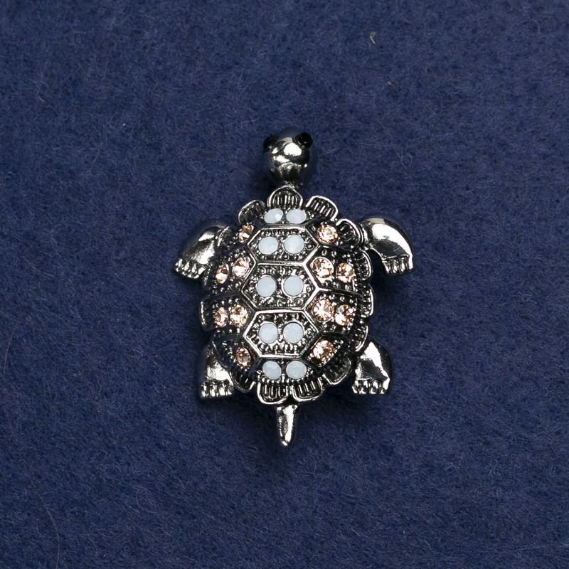 Turtle Brooch, Silver-Tone Metal and Rhinestones, 40x23mm +