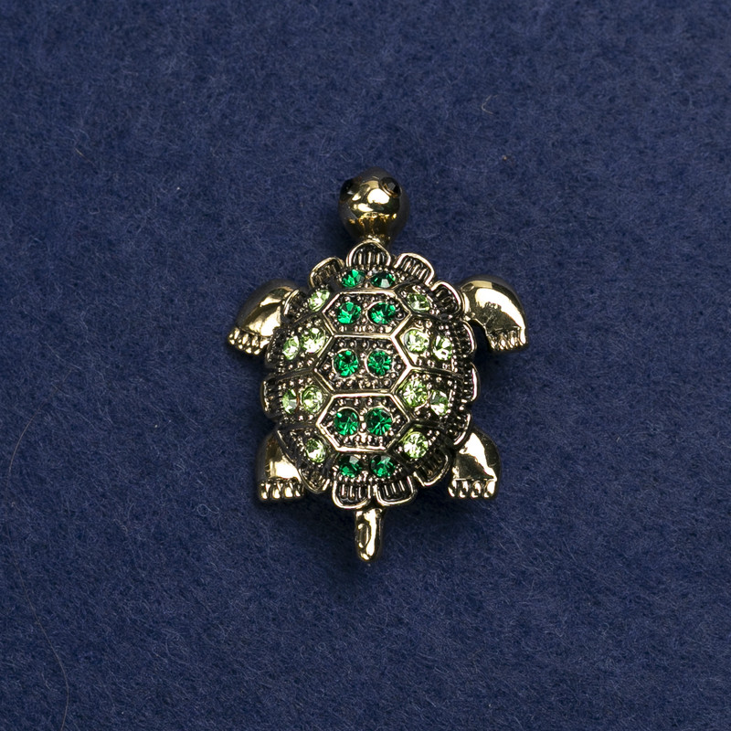 Turtle Brooch, Gold-Tone Metal and Rhinestones, 40x23mm +