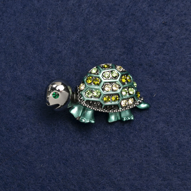 Turtle Brooch, Silver-Tone Metal, Enamel and Rhinestones, 40x23mm +