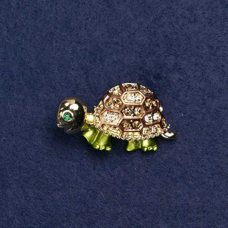 Turtle Brooch, Gold-Tone Metal, Enamel and Rhinestones, 40x23mm +