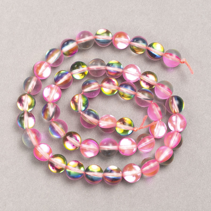 Opal Glass Beads on Thread, Smooth Round, Pink Transparent, Diameter 8mm +/-, Length 39cm +